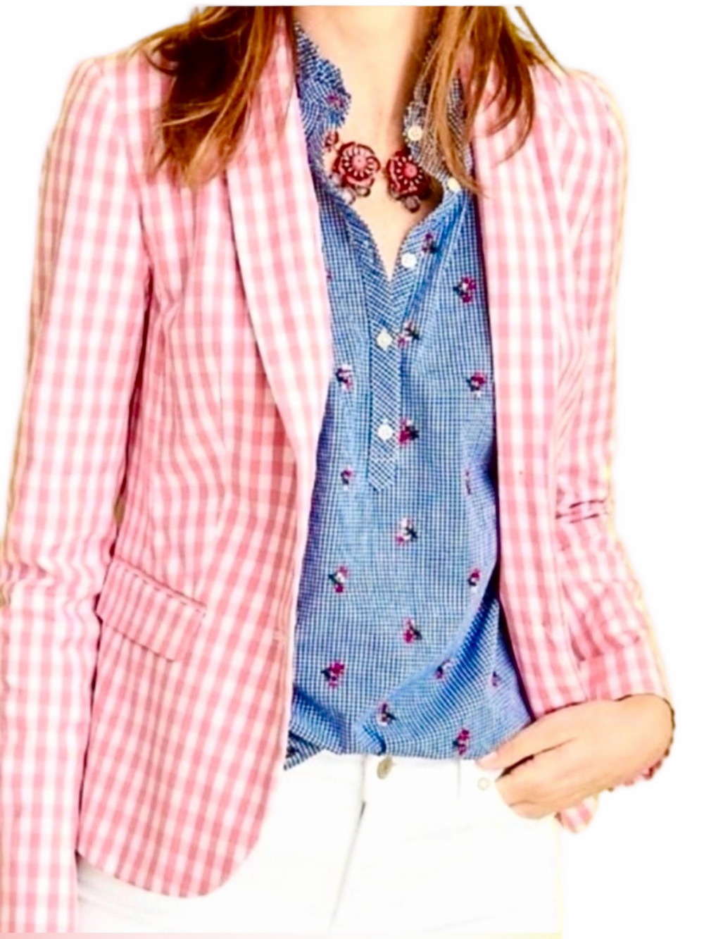 Talbots Gingham Preppy Pink White Blazer Jacket Size 14 Spring Summer Vacation
